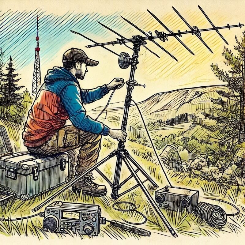 hand-drawn-amateur-radio-operator-setting-up-antennas-mast