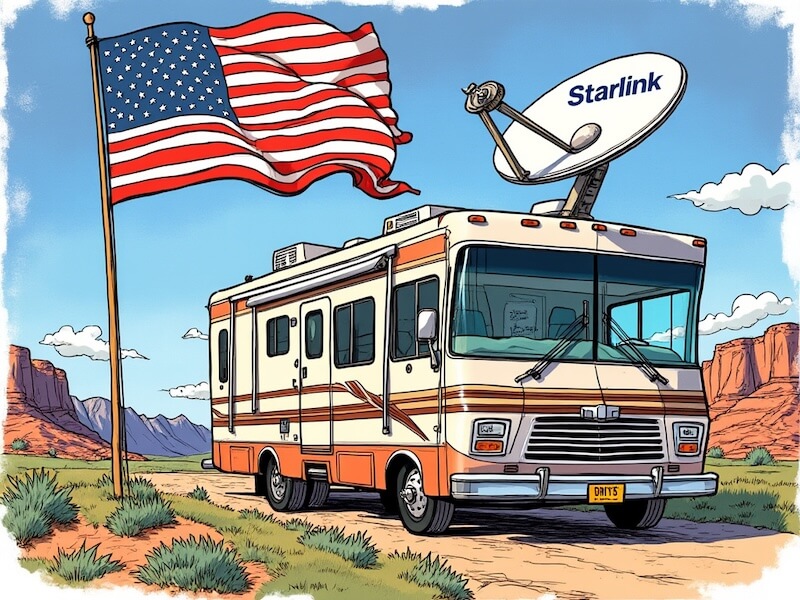 A colorful hand-drawn sketch of an RV with a prominently mounted Starlink dish, an American flag, and a scenic outdoor setting, embodying the spirit of RV adventure and connectivity.