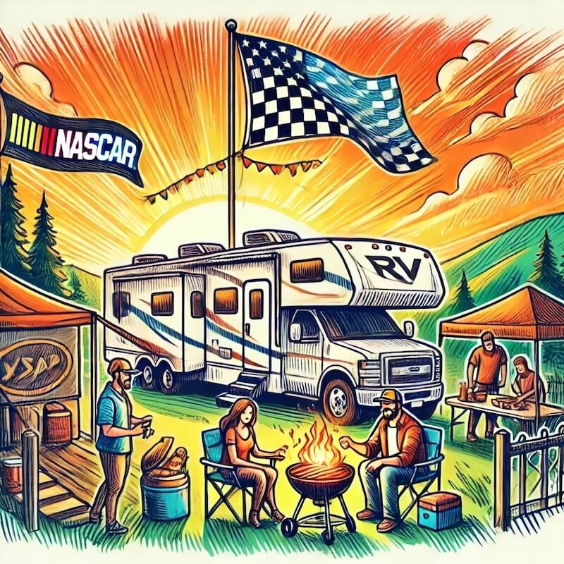 Hand-drawn sketch of an RV campsite with a 22-foot fiberglass flagpole flying two flags, surrounded by families enjoying a tailgate barbecue at sunset.