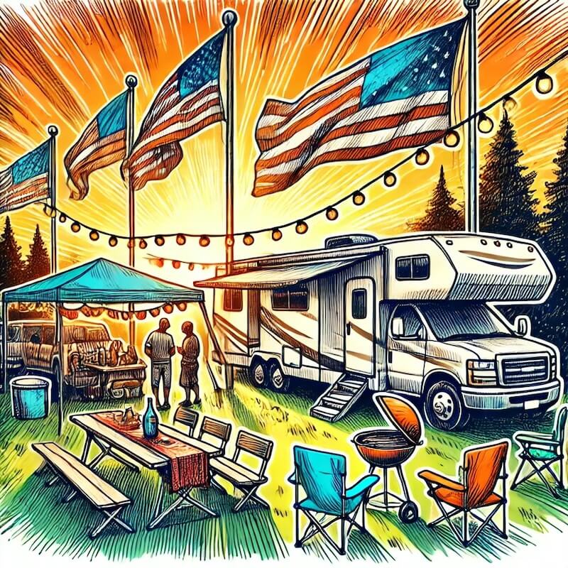 Hand-drawn sketch of an RV campsite with a tall fiberglass flagpole, flags waving, and families enjoying a tailgate barbecue at sunset.