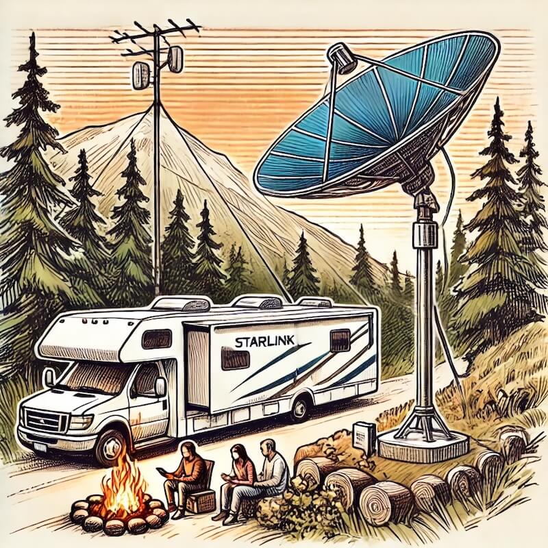 Hand-drawn sketch of an RV at an off-grid campsite with a Starlink Gen 3 Kickstand Dish mounted on a pole, surrounded by nature, showcasing modern connectivity with the Starlink DC Power Supply.