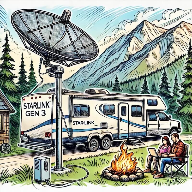 Hand-drawn sketch of an RV at an off-grid campsite with a Starlink Gen 3 dish mounted on a pole kit, powered by a 12V power supply, surrounded by mountains and pine trees.