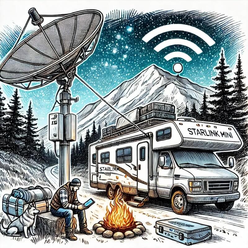 Hand-drawn sketch-style illustration of an RV parked in a mountain location at night, featuring a Starlink Mini dish on a pole mount. The RVer is near a campfire using a laptop with visible Wi-Fi signals.