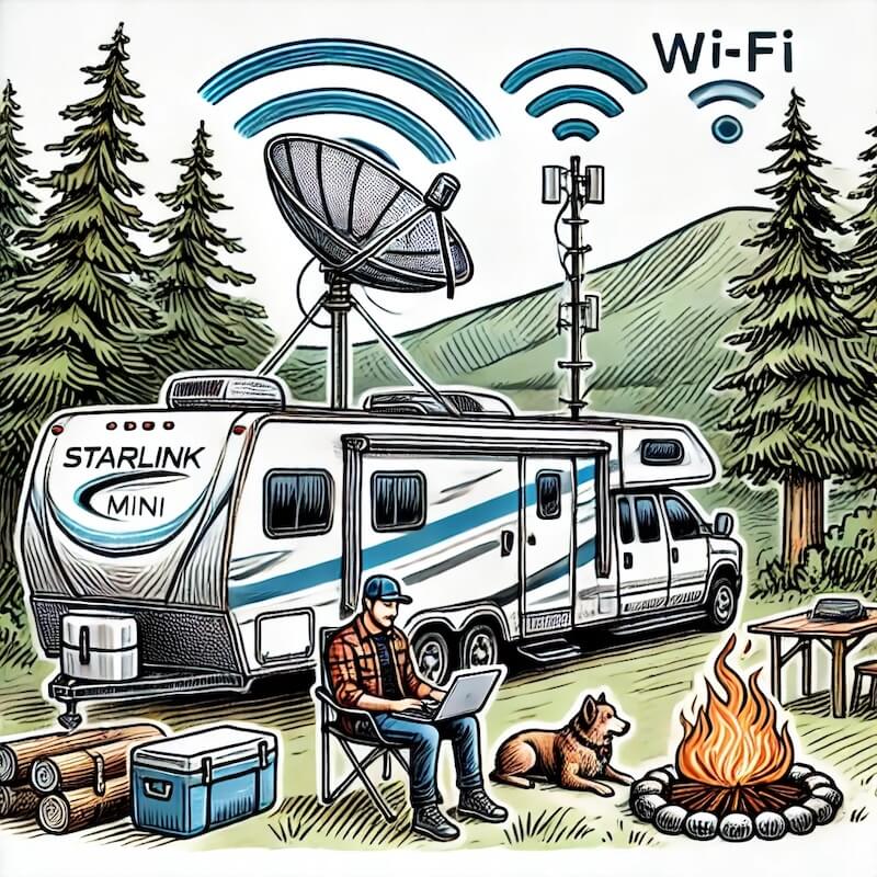 A hand-drawn sketch of an RV parked in a scenic outdoor setting with a Starlink Mini flat rectangular dish mounted on a custom 1.75-inch pole attached to the RV roof. The setup is surrounded by trees and mountains, with an RVer sitting near a campfire using a laptop.