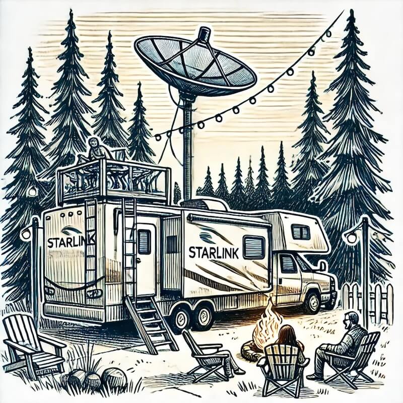 Hand-drawn sketch-style illustration of an RV parked at a campsite with a Starlink mount on the ladder, surrounded by trees and a family enjoying the evening by a firepit.