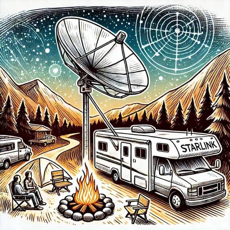 Hand-drawn sketch-style illustration of an RV parked at a remote mountain campsite with a Starlink dish mounted on a pole, under a starry night sky.