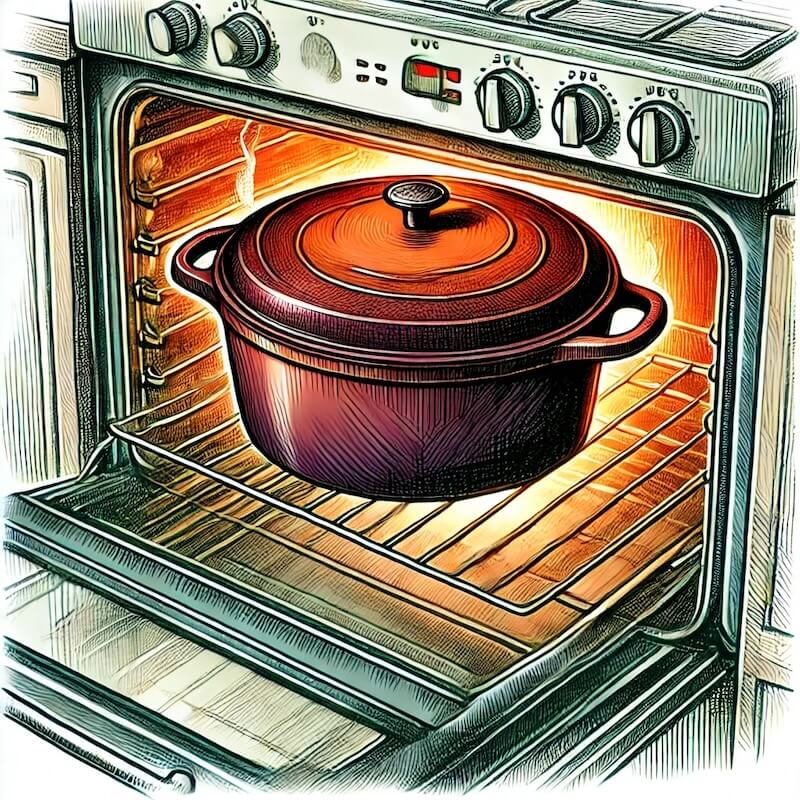 A hand-drawn sketch style illustration of a Dutch oven inside a conventional oven, showcasing its versatility for baking, roasting, and slow cooking.