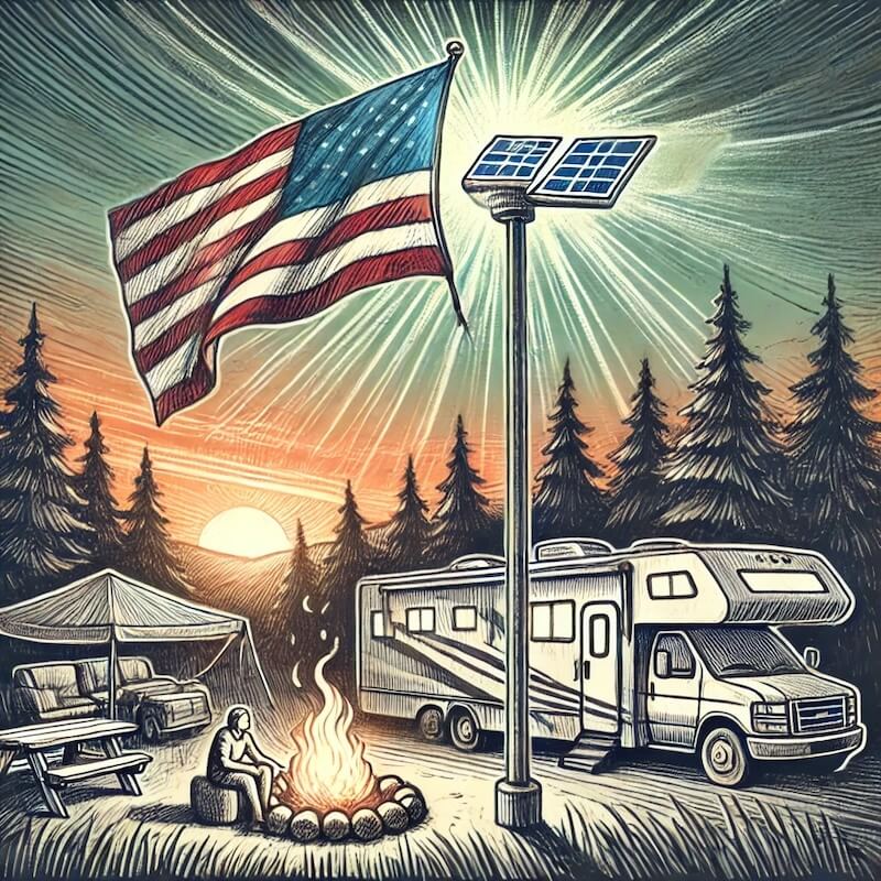 Hand-drawn sketch of a camping scene at dusk featuring an illuminated flagpole with an American flag lit by a solar-powered flag pole light, an RV, and a campfire.