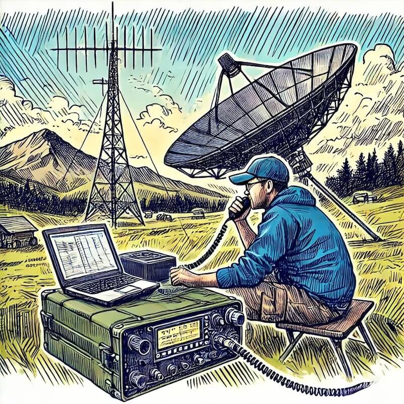 Hand-drawn sketch of an amateur radio operator using a Starlink dish at a remote field station, with an antenna mast, rugged laptop, and scenic mountain background.