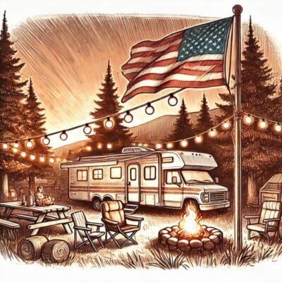 A hand-drawn sketch-style illustration of an RV campsite at dusk with an American flag on a flagpole illuminated by a solar-powered flagpole light, surrounded by a cozy campfire setting.