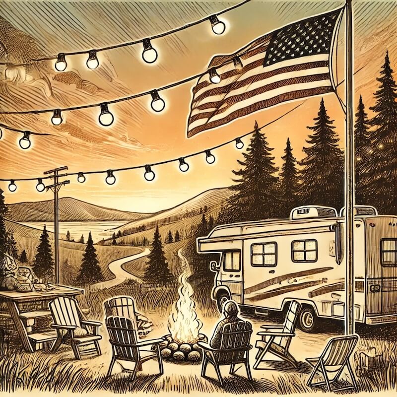 A hand-drawn sketch-style color illustration of an RV campsite at dusk, featuring an American flag on a flagpole illuminated by bright flagpole lights, with a cozy campfire setting.