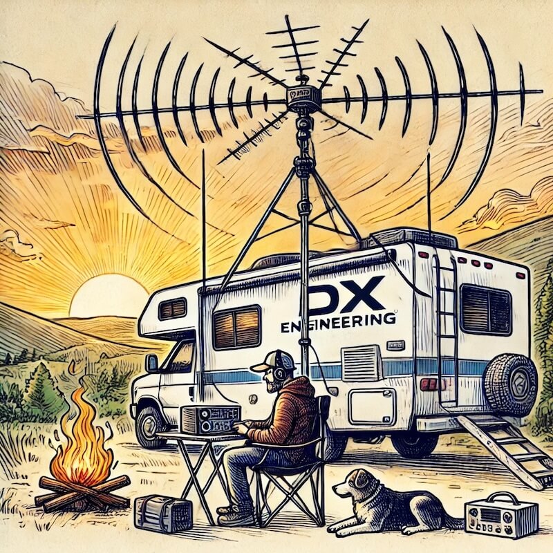 Hand-drawn sketch-style illustration of an RV with a DX Engineering antenna mast mounted on its ladder, an amateur radio operator sitting outside, and a scenic outdoor background.