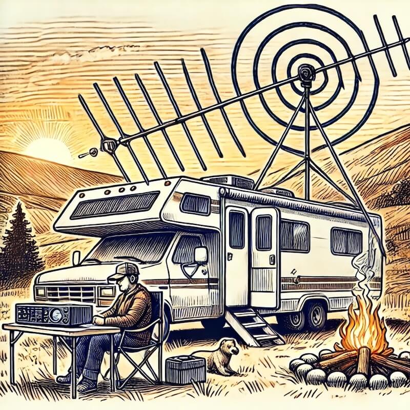 Hand-drawn sketch-style illustration of an RV with a Ham Radio Outlet antenna mast mounted on its ladder, an amateur radio operator outside using a transceiver, and a scenic outdoor setting.