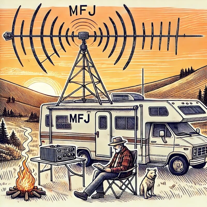 Hand-drawn sketch-style illustration of an RV with an MFJ antenna mast mounted on its ladder. An amateur radio operator sits outside using a transceiver, with a scenic outdoor setting featuring a sunset and rolling hills.