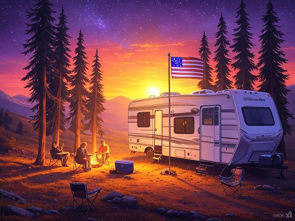 Solar flag lights illuminating an American flag on a telescoping pole at an RV campsite, hand-drawn sketch style with campfire and pine trees.