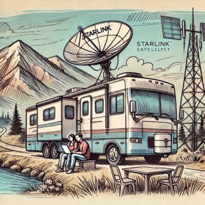 Hand-drawn sketch of an RV parked in a scenic off-grid location with mountains and a lake, featuring a Starlink satellite dish for high-speed RV internet.