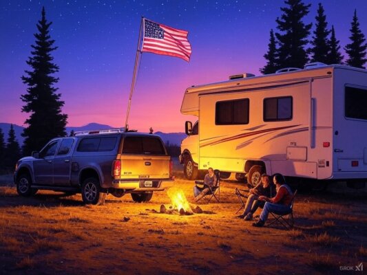 "Hand-drawn sketch of a truck flag pole with American flag at an RV tailgate, parked near a campfire with pine trees and mountains.