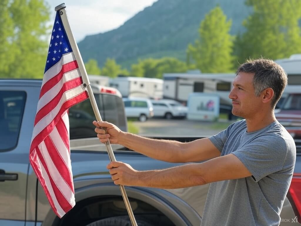 Hand-drawn sketch of an RV enthusiast installing a truck flag mount with a telescopic fiberglass flag pole, featuring an American flag at a scenic campsite.