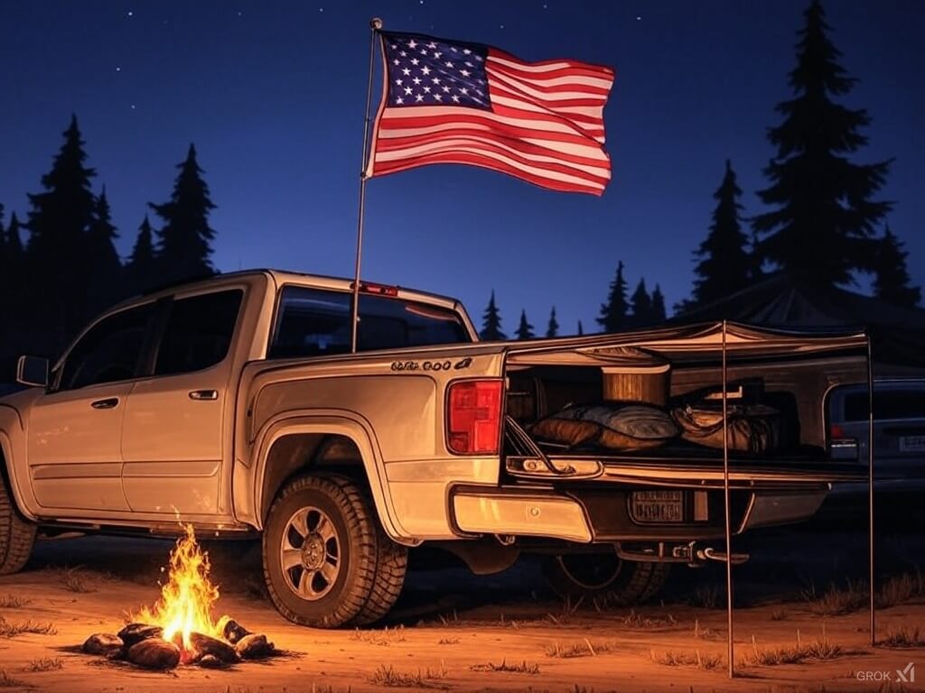 "Hand-drawn sketch of a telescopic fiberglass flag holder for truck at a campsite, featuring a 5th Gen Ram with an American flag raised high, tailgate down with camping gear, a campfire, and a starry sky.