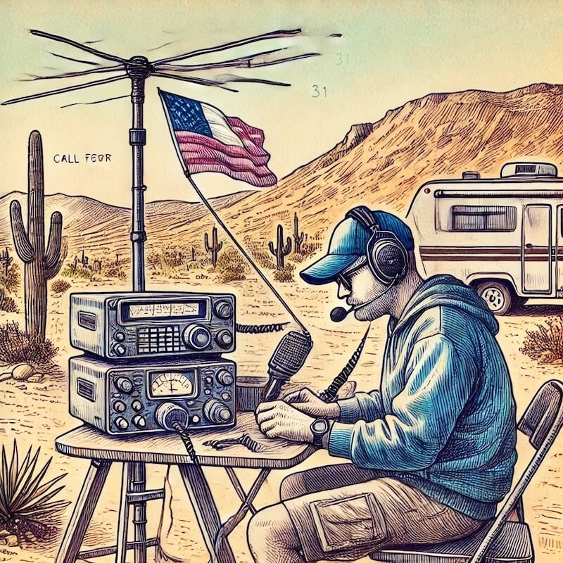 Amateur Radio Operator at Yuma AZ Hamfest operating a portable ham radio station in the desert with a 31-foot fiberglass antenna mast mounted on an RV.